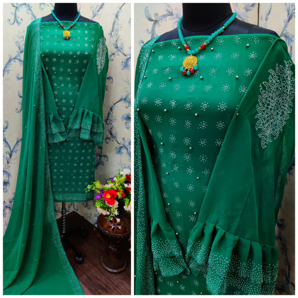 New 2021 Fox Georgette Diamond and Moti Work Balloon Sleeves Green Top with Bottom and Dupatta