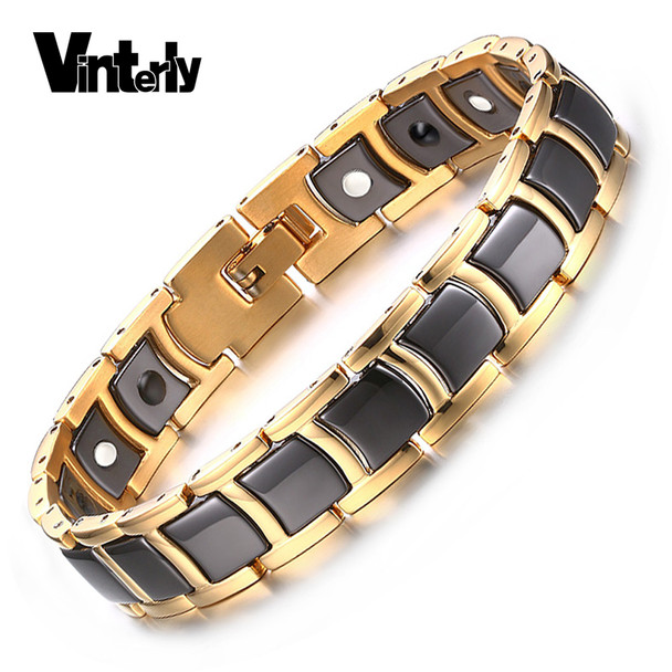 Vinterly Mens Bracelet Health Black Ceramic Bio Magnetic Germanium Bracelets Men Hand Chain Link Gold Color Stainless Jewelry