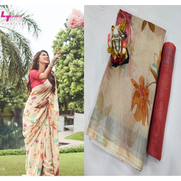 New 2021 Presenting Pure Lilan Flower Printed Beautiful Saree-Light Yellow