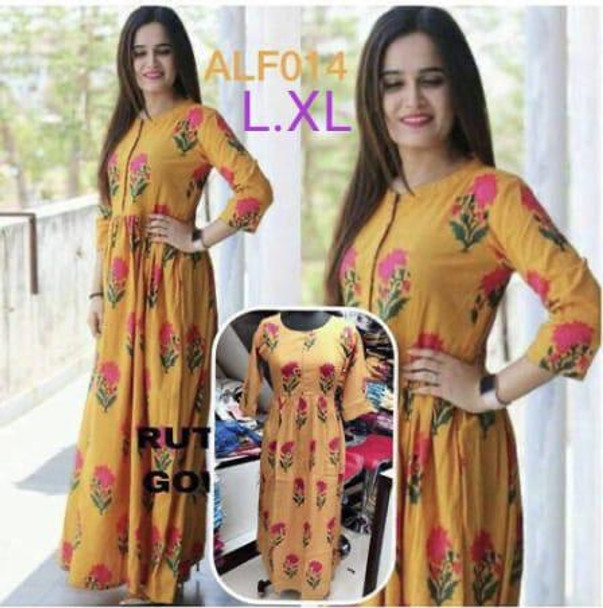 New 2021 Presenting Beautiful heavy Flower camric cotton Printed Kurti-Yellow-Size-XL