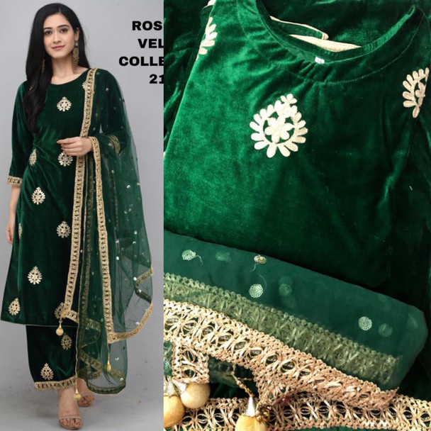  New 2021 Design Heavy Gotta patti Work On Velvet And Velvet Palazzo With Sequence Work Dupatta-Green-Suit Size-42