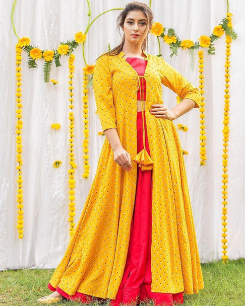  Georgette With Heavy Embroidery Work With Full Sleeves And Dori Choli-Yellow-Koti Size-42 