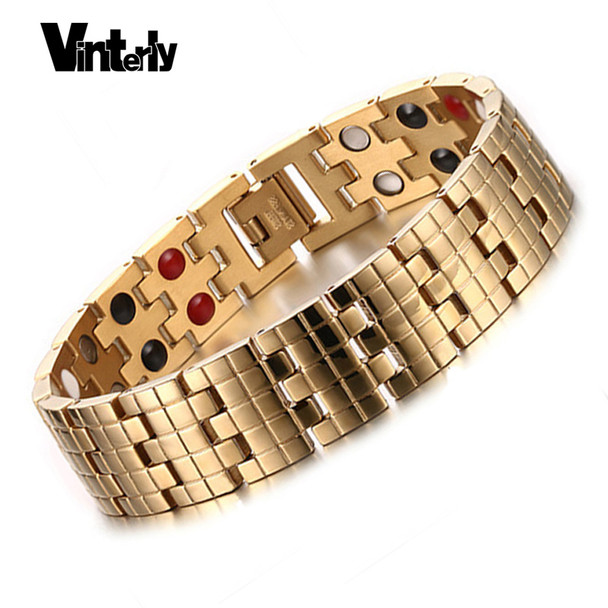 Vinterly Gold Color Men Bracelets Health Bio Magnetic Germanium Stainless Steel Bracelet Bangle for Men Designs Chaine Link