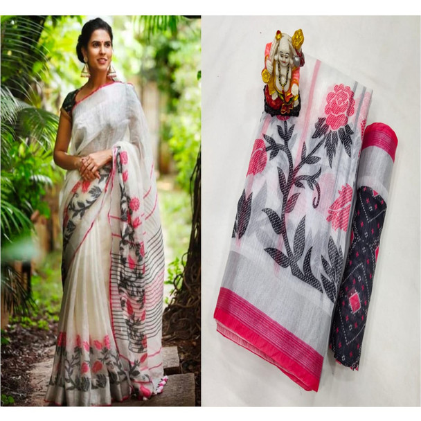 New 2021 Beautiful Designer Pure Lilian Slab Cotton Saree- White (Pink Flower Designer )