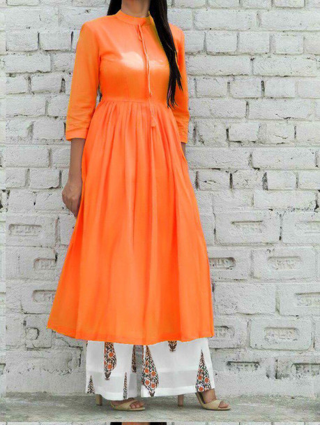  New 2021 Presenting Beautiful Rayon Digital Printed Cotton Top & Palazzo-Kurti-Orange-(Size-M) 