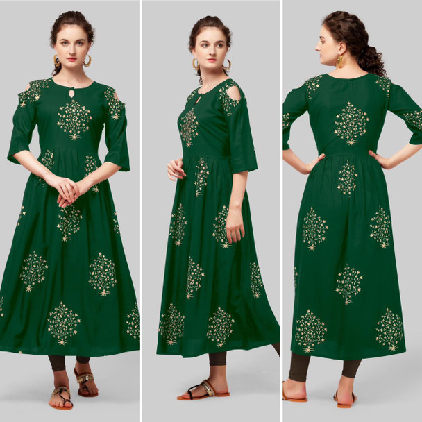  New 2021 Presenting Beautiful Rayon Foil Printed Cotton Gown- Green-Size-L