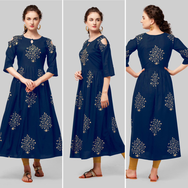 New 2021 Presenting Beautiful Rayon Foil Printed Cotton Gown-Blue-Size-XXL 