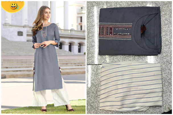  New 2021 Presenting Beautiful Rayon Foil Printed Kurti And Palazzo-Gray-Size-XL