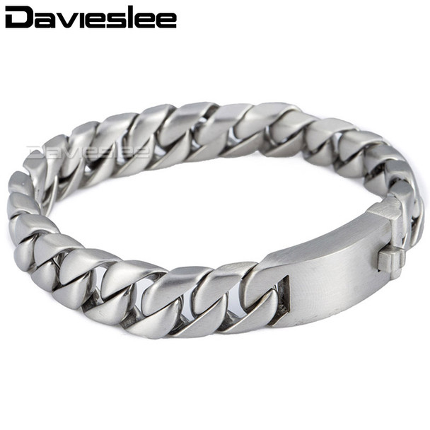 Davieslee Mens Bracelet Chain 316L Stainless Steel Silver Tone Round Curb Cuban Link Wholesale Vintage Punk Jewelry 11mm LHB162