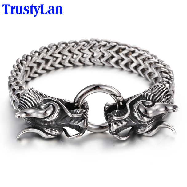 TrustyLan Vintage Stainless Steel Men Bracelet Cool Double Dragon Head Male Jewelry Accessory Cool Mens Bangle Wristband 225MM