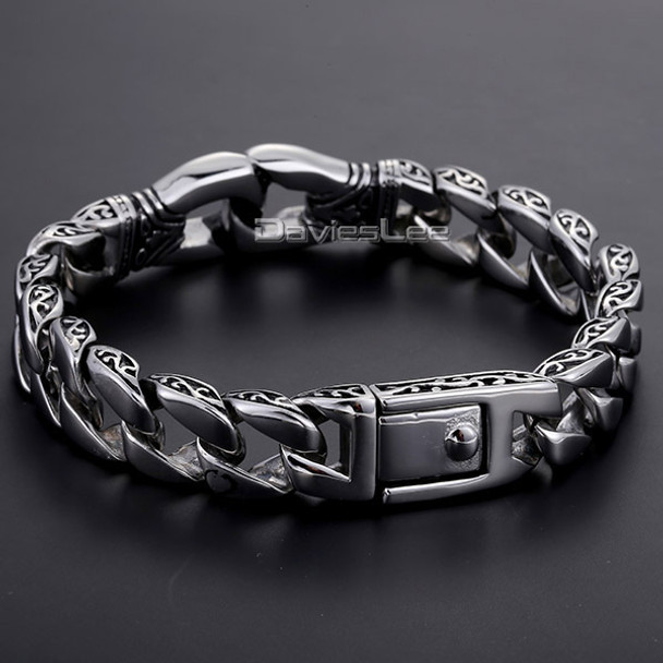 Davieslee Mens Bracelet 316L Stainless Steel Bracelet Silver Color Curved Curb Link Chain Wholesale Jewelry 15mm HB10