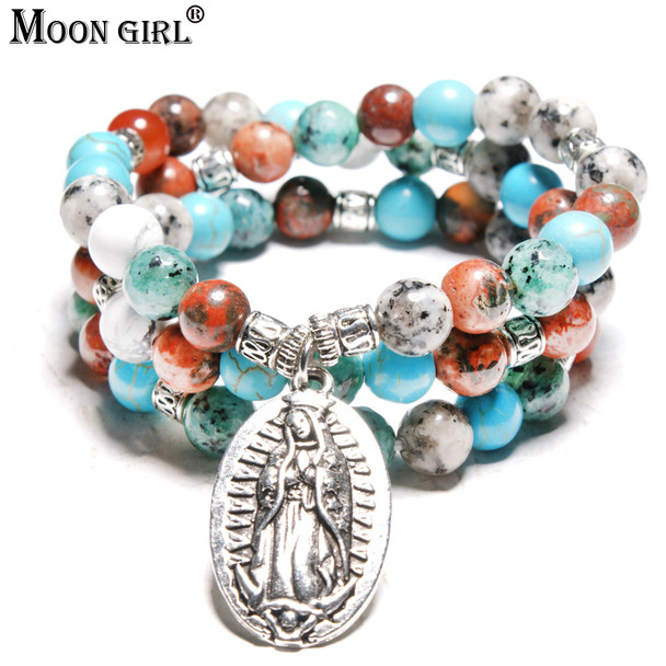 MOON GIRL Virgin Mary Multilayer Yoga Mala Stone Beads Women Wrist Bracelets Meditation Chakra Men's Bracelets Drop Shipping