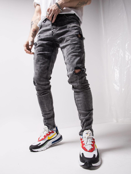 Mens Hole Jeans Fashion Trend Light Washed Zipper Pocket Pencil Pants Spring Male High Street Plus Size Casual Skinny Denim Trousers