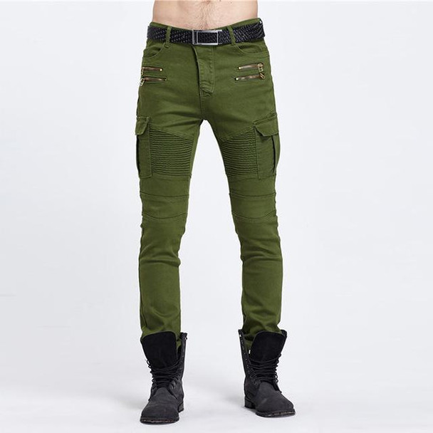  Army Green Biker Jeans Men Skinny Cargo Jeans with Side Pockets 2017 Mens Denim Pants Casual Slim Fit Zipper Motorcycle Jeans Homme