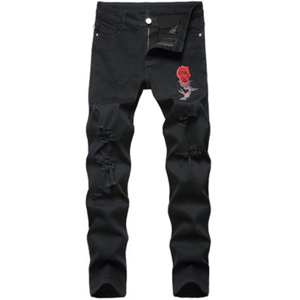 Man Stretch Rose Embroidery Jeans Fashion Occident Trend Hole Fold Zipper Denim Pants Designer Male New Mid Waist Casual Slim Jeans