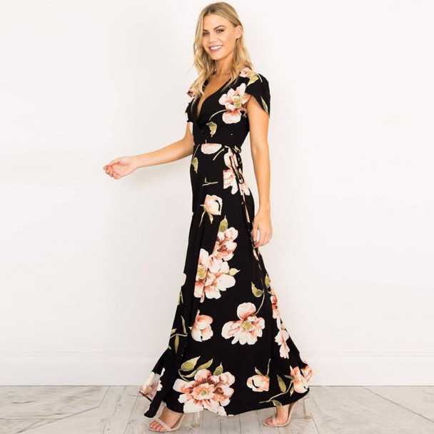 Long FPuseky Loral Maxi Dress Boho Long Dresses Elegant Beach Black Floral Print Short Sleeve V Neck A Line Summer Dress