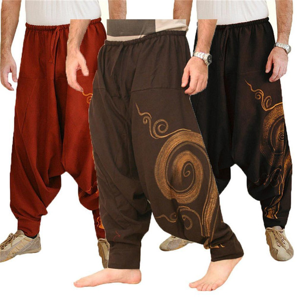 Vintage Men Pants Harem Elastic Casual Baggy Yoga Harem Pants Hip hop Men Gypsy Cotton Linen Wide-legged Loose Pants Drawstring