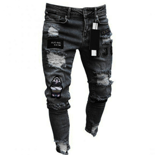 Men's Broken Hole Embroidered Pencil Jeans Men Trousers Casual Thin Denim Pants