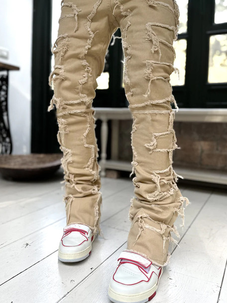 Elastic Patch Denim Straight-leg Pants New Men's Retro Denim Trousers