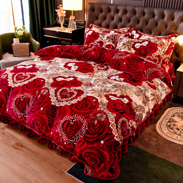 Super Soft Warm Fluffy Diamond Rose 4pcs Set Embroidery Curtain Bedding Set