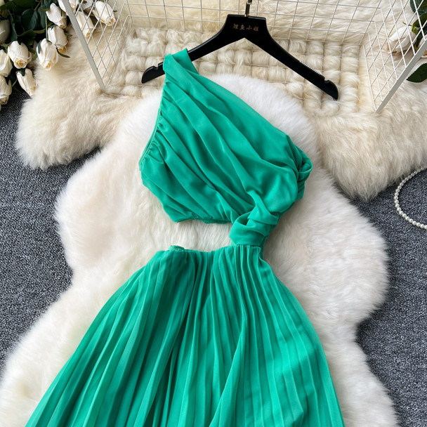 Women's Summer Slant Neck Waistless Pressed Pleated Sleeveless Sexy Dresses