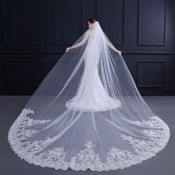Bride Veil Chapel Wedding Veil with Sequined French Lace Sweeping Bottom Veil