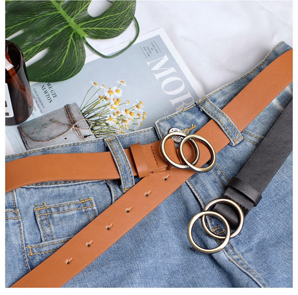 Double Ring Soft Faux Dress Waist Fashion PU Leather Women Belt for Jeans