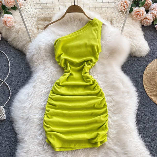New Sexy Sloping Shoulder Breasted Package Hip Pleated Solid Color Dress