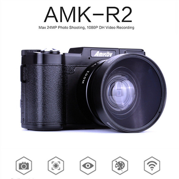 AMKOV AMK-R2 3.0" 24MP HD 1080P Portable Digital Cameras Rotatable Video Camcorder  DSLR Cameras Black+Lens