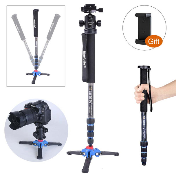 Manbily C-222 Carbon fiber Portable Professional DSLR Camera Monopod &amp; M1 Tripod Base &amp; KB-0 Aluminum Tripod Ball Head Max:65"