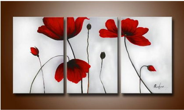 3 pieces fresh red poppy flowers oil painting canvas set home decor at factory price