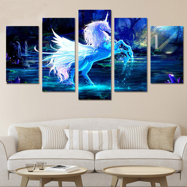 HD Printed 5 Piece Canvas Sets Art Unicorn Horse Painting Canvas Pictures for Living Room