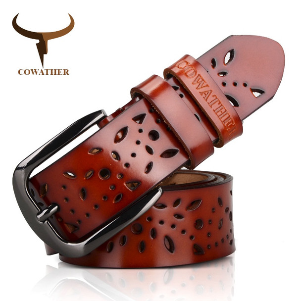 COWATHER New 2017 genuine leather jeans belts for Women Hollow pressed flower luxury strap female belt Gun gray buckle