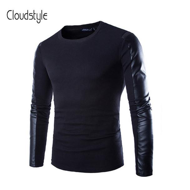 Cloudstyle 2018 Fashion Men T Shirt PU Leather Long Sleeve Balck T-shirt Men Moto&amp;Biker Style Cool Design Slim Fit