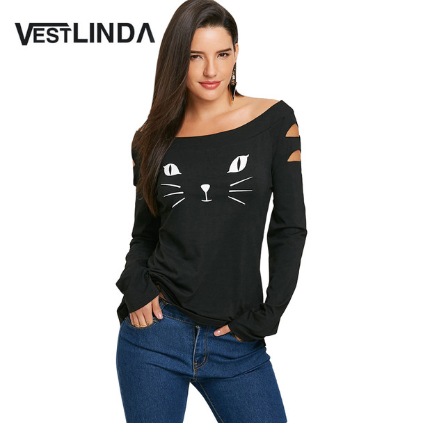 VESTLINDA Women T Shirts Casual Autumn Cat Clothes Womens Tops Cat Face Print Long Sleeve Ripped T-Shirt Women's Clothing Tshirt