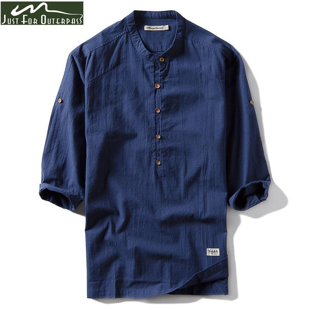 2018 New Trend Fashion Summer Solid Color Shirt Men Stand Collar Cotton Linen Half Sleeve Shirt Slim Type Male Casual Linen Tops