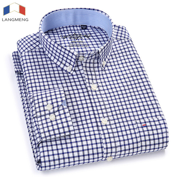Langmeng Men Oxford Casual Shirt 2018 Long Sleeve Slim Fit Comfortable Plaid Shirt Mens High Quality Dress Shirts Brand Clothing