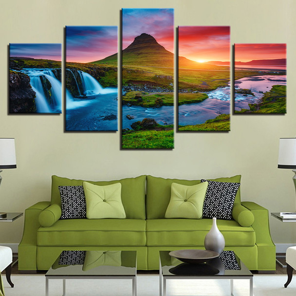 Wall Art Canvas Prints Pictures 5 Pieces Beautiful Iceland Waterfall Paintings Green Mountain River Landscape Posters Home Decor