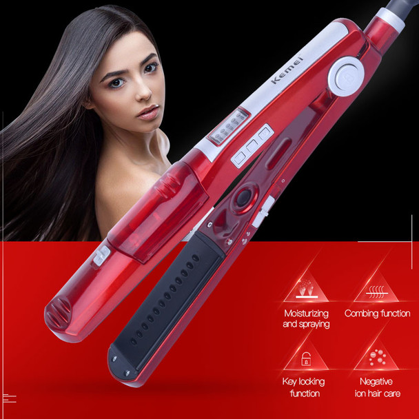 Kemei Pro Fast Heating Tourmaline Ceramic Steam Vapor Spray Hair Flat Iron Water Moisturizing Straightener Plate Brush Wet/Dry