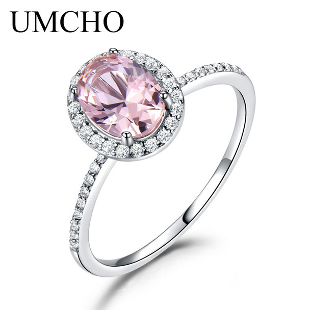 UMCHO 925 Sterling Silver Oval Classic Pink  Created Sapphire Rings For Women Engagement Wedding Party Ring Fine Jewelry New