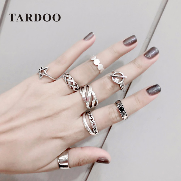 TARDOO Mix Match Genuine 925 Sterling Silver Adjustable Cuff Ring Sets Punk and Trendy Fine Jewelry for Women 