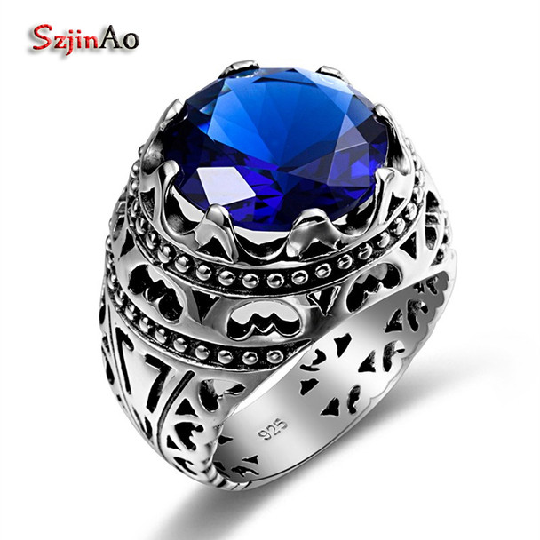 Szjinao Fashion Ethnic Silver Ring Blue Stone Joyas Vintage Cristales Sapphire Sterling Silver Rings For Women Men Rebajas