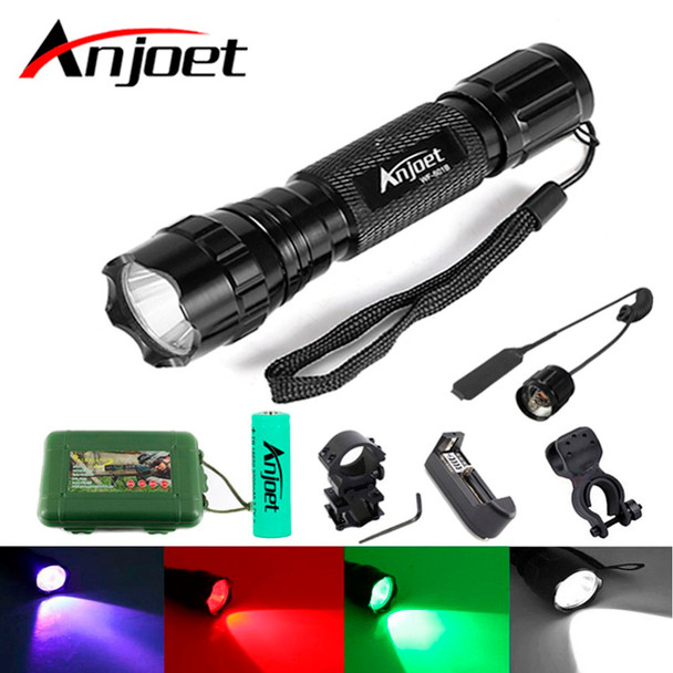 Anjoet Sets Tactical Flashlight XM-L T6/Q5 LED 1-Mode Multi-Color White/Green/Blue/Red Light Torch use 18650 Battery For Hunting