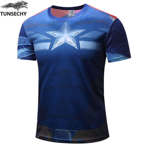 TUNSECHY NEW 2017 Marvel Captain America 2 Super Hero lycra compression tights T shirt Men fitness clothing short sleeves S-4XL