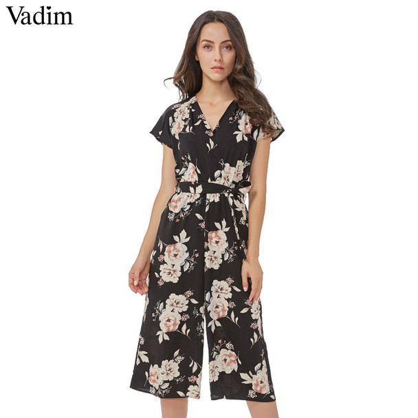 Vadim women vintage V neck floral jumpsuits wide leg pants sashes pleated elastic waist rompers summer casual playsuits KZ926