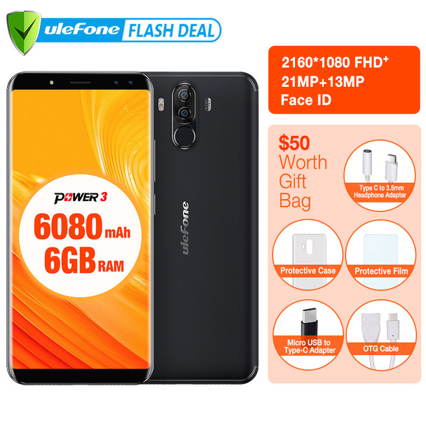 Original Ulefone Power 3 6.0" FHD+Screen 6080mAh Big Battery Smartphone  Android 7.1 Face ID&amp; Touch ID Four Cameras 21MP Camera 