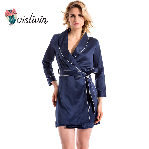 Vislivin fashion womens new full sleeves arrival silk robes pijamas with waistband bathrobes high length sleepwear gifts