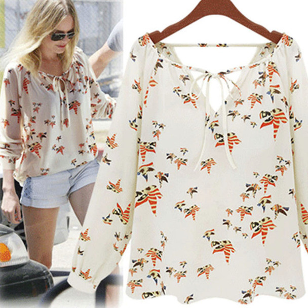 2022 Casual  female vestidos Women Women Summer Casual Long Sleeve Tether Blouse Chiffon Floral Shirt XL Top