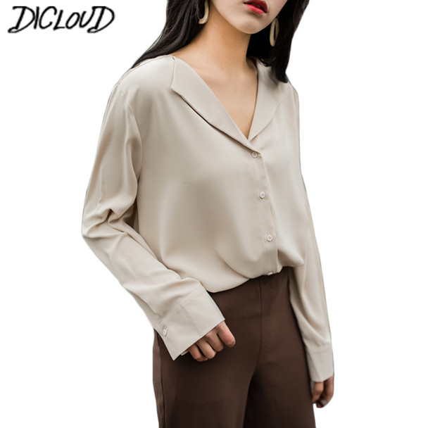 2018 Vintage Women silk satin blouse button Lapel long sleeve shirts ladies office work elegant female Top high quality Blouse