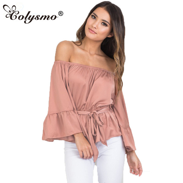 Colysmo Women Off Shoulder Flare Sleeve Ruffled Belt Peplum Silk Satin Slip Blouse Shirt Top GT110